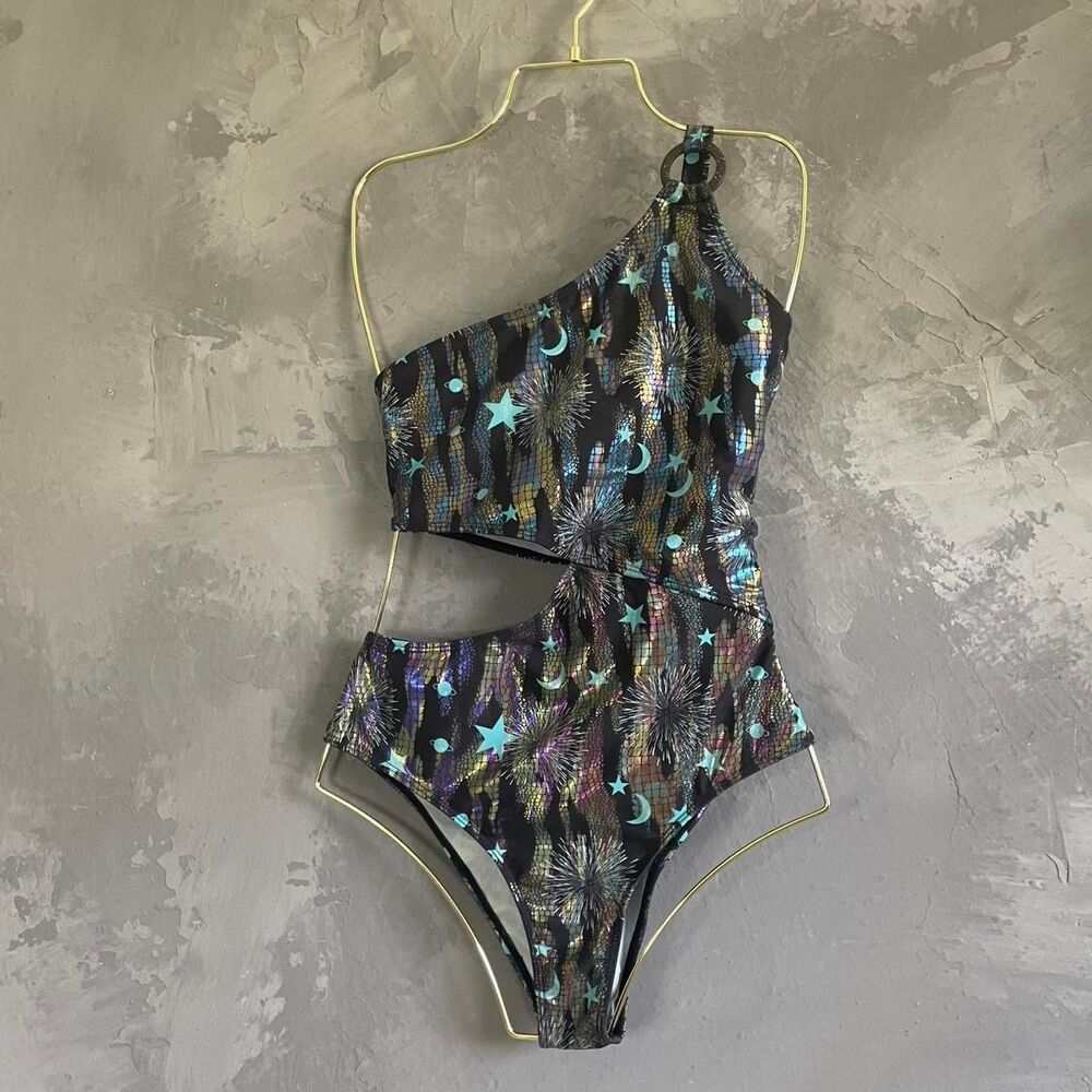 SHEIN Celestial One Shoulder Cut Out Swimsuit Size Medium Moon Star Print
